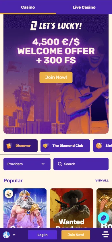 Letslucky Casino mobile games area with casino categories