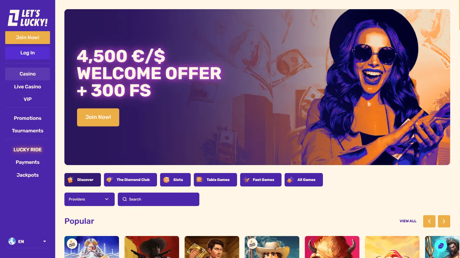 Letslucky Casino desktop games area with pokies and casino categories
