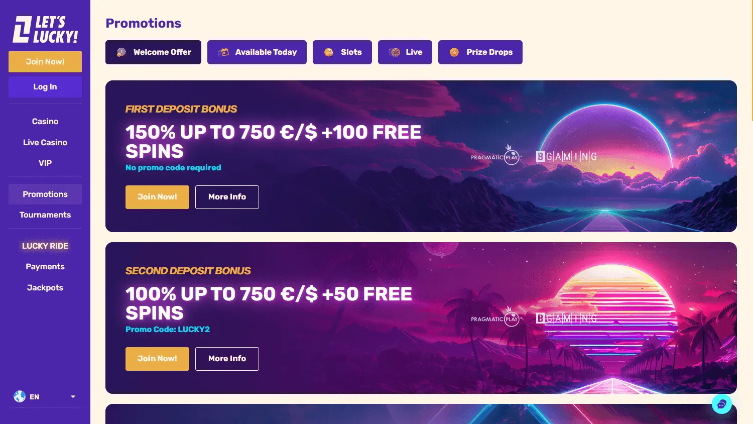 Letslucky Casino desktop promotions area with welcome and weekly offers