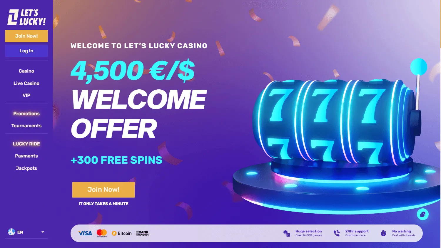 Letslucky Casino desktop home with casino games and promotional content